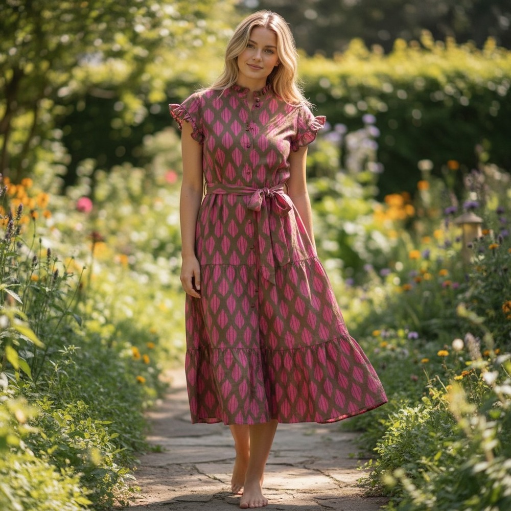 J.Marie Pink Olive Green Ikat Tiered Midi Dress Ruffle Neck Belted Size M